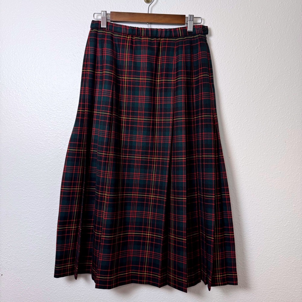 Vintage Pendleton Wool Plaid Pleated Midi Skirt Red Green Tartan Old Money - Picture 3 of 8